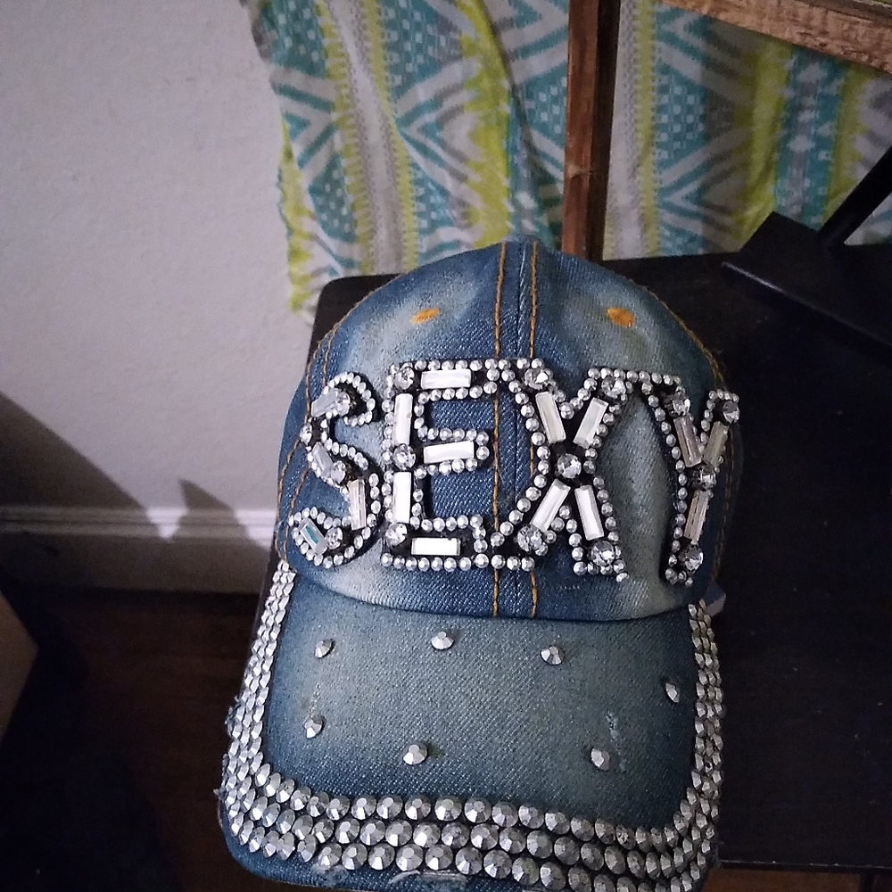 Denim distressed hat with SEXY in Rhinestones